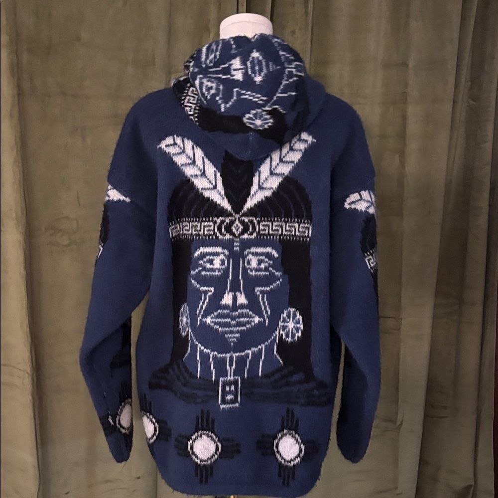 Andes Men's Blue Graphic alpaca hooded cardigan, M